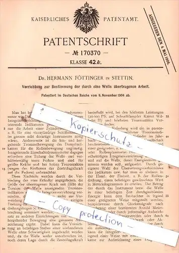 Original Patent  - Dr. H. Föttinger in Stettin , 1904 , Bestimmung der übertragenen Arbeit  !!!