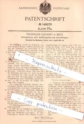 Original Patent  - Ferdinand Leichert in Metz , 1903 , Steigeisen mit Greifbügel !!!