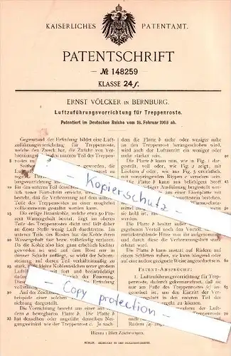 Original Patent  - Ernst Völcker in Bernburg , 1903 , Luftzuführungsvorrichtung für Treppenroste !!!