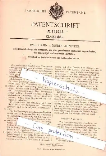 Original Patent  - Paul Hahn in Niederlahnstein / Lahnstein , 1902 , Trockenvorrichtung !!!