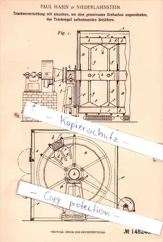 Original Patent  - Paul Hahn in Niederlahnstein / Lahnstein , 1902 , Trockenvorrichtung !!!