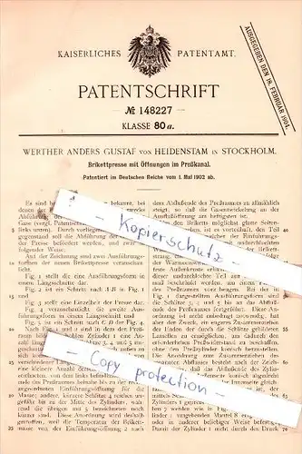 Original Patent  - W. A. G. von Heidenstam in Stockholm 1902 , Brikettpresse !!!