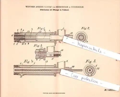 Original Patent  - W. A. G. von Heidenstam in Stockholm 1902 , Brikettpresse !!!