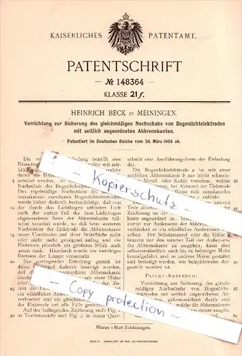 Original Patent  - Heinrich Beck in Meiningen , 1903 , Bogenlichtelektroden !!!