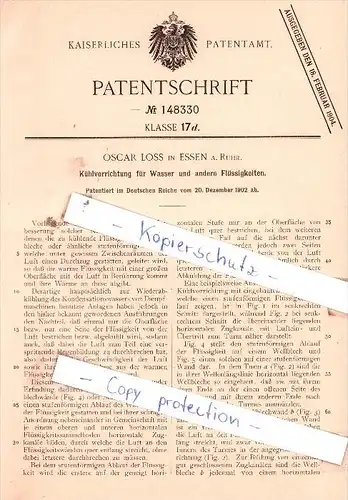 Original Patent  - Oscar Loss in Essen a. Ruhr , 1902 , Kühlvorrichtung für Wasser !!!