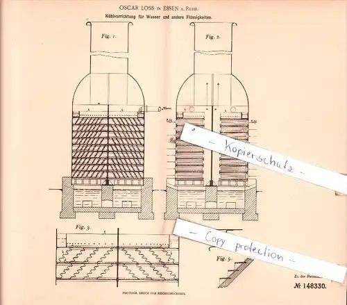 Original Patent  - Oscar Loss in Essen a. Ruhr , 1902 , Kühlvorrichtung für Wasser !!!