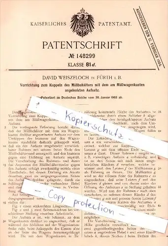 Original Patent  - David Weiszfloch in Fürth i. B. , 1903 ,   Kuppeln des Müllbehälters , Weißfloch , Weissfloch !!!