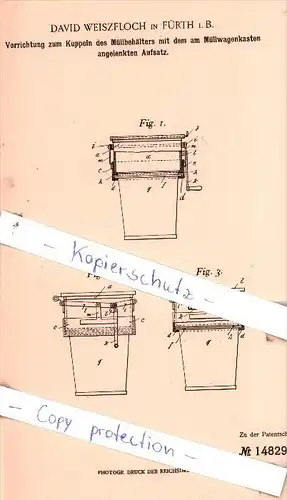 Original Patent  - David Weiszfloch in Fürth i. B. , 1903 ,   Kuppeln des Müllbehälters , Weißfloch , Weissfloch !!!