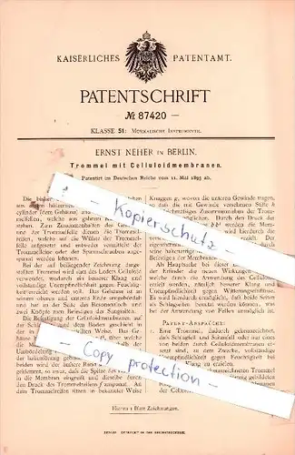 Original Patent  - Ernst Neher in Berlin , 1895 , Trommel mit Celluloidmembranen !!!