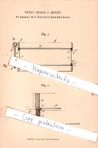 Original Patent  - Ernst Neher in Berlin , 1895 , Trommel mit Celluloidmembranen !!!