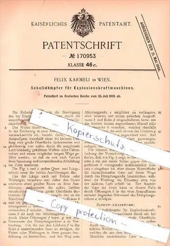 Original Patent  - Felix Karmeli in Wien , 1905 , Schalldämpfer für Explosionskraftmaschinen !!!