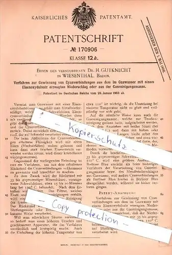 Original Patent  - Dr. H. Gutknecht in Wiesenthal, Baden , 1903 ,  Cyanverbindungen !!!