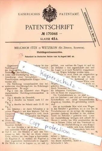 Original Patent  - M. Iten in Wetzikon , Kt. Zürich, Schweiz , 1905 , Stalldüngerstreumaschine !!!