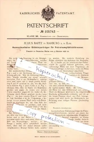 Original Patent  - J. Baetz in Harburg a. d. Elbe , 1898 ,  Glühkörperträger für Petroleumglühlichtbrenner !!!