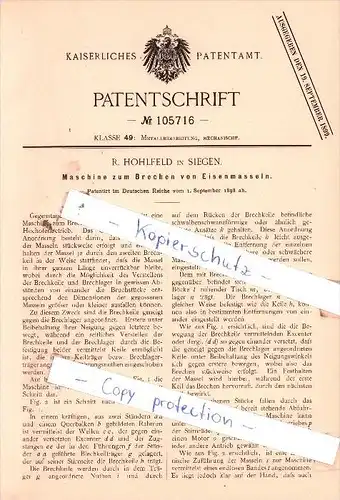 Original Patent  - R. Hohlfeld in Siegen , 1898 , Maschine zum Brechen von Eisenmasseln !!!
