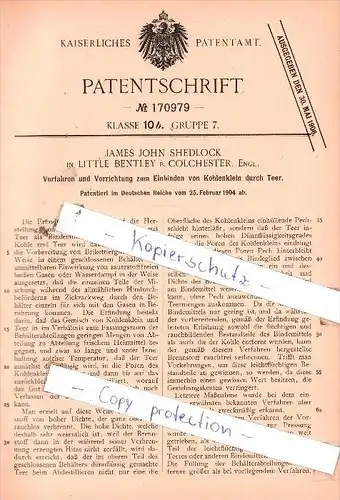 Original Patent  - James John Shedlock in Little Bentley b. Colchester, Engl. , 1904 , !!!