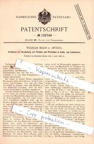 Original Patent  - W. Bach in Apolda , 1898 , Flecht- und Wirkmaschinen !!!