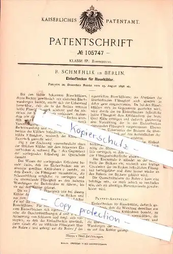 Original Patent  -  R. Schmehlik in Berlin , 1898 , Einlaufbecken für Rieselkühler !!!