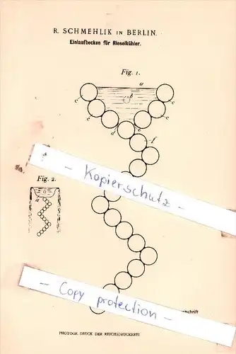 Original Patent  -  R. Schmehlik in Berlin , 1898 , Einlaufbecken für Rieselkühler !!!