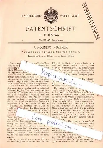 Original Patent  - A. Molineus in Barmen b. Wuppertal , 1897 ,  Apparat zum Herausgeben von Münzen !!!