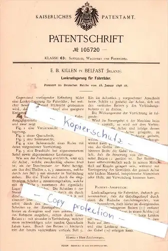 Original Patent  -  E. B. Killen in Belfast , Irland , 1898 , Lenkradlagerung für Fahrräder !!!