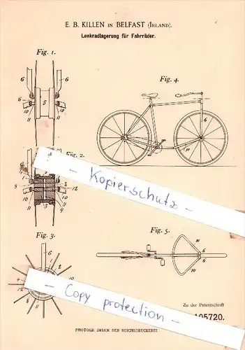 Original Patent  -  E. B. Killen in Belfast , Irland , 1898 , Lenkradlagerung für Fahrräder !!!