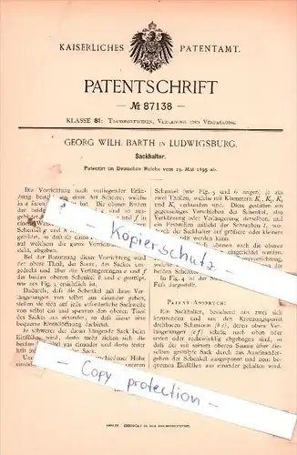 Original Patent  - Georg Wilh. Barth in Ludwigsburg , 1895 , Sackhalter !!!