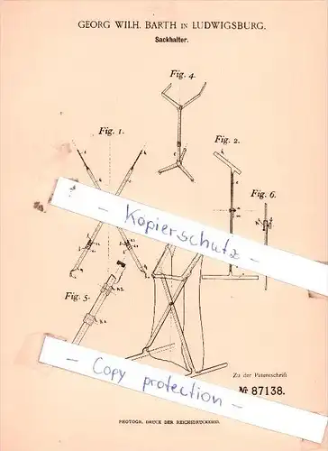 Original Patent  - Georg Wilh. Barth in Ludwigsburg , 1895 , Sackhalter !!!