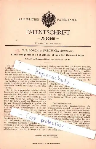 Original Patent  - V. T. Borch in Fredericia , Dänemark , 1894 , Signalwesen !!!