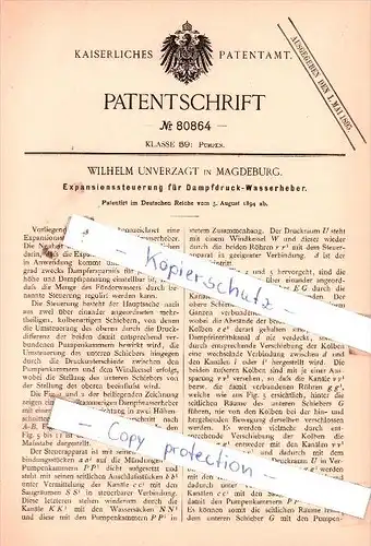 Original Patent  - Wilhelm Unverzagt in Magdeburg , 1894 , Pumpen !!!