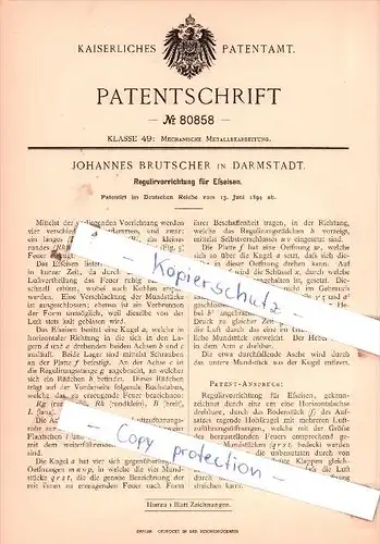 Original Patent  - Johannes Brutscher in Darmstadt ,1894 , Regulirvorrichtung für Efseisen !!!