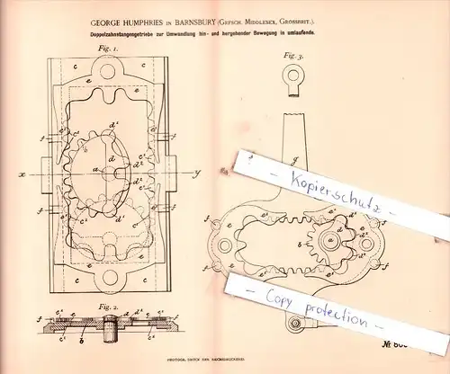 Original Patent  - George Humphries in Barnsbury / London, Grossbrit. , 1893 , Getriebe !!!