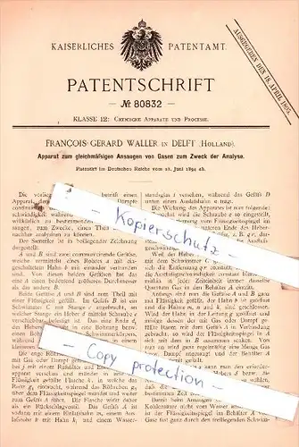 Original Patent  -  F. G. Waller in Delft , Holland , 1894 , Apparat zum Ansaugen von Gasen !!!