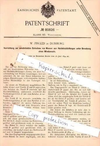 Original Patent  - W. Zingler in Duisburg , 1894 , Wasserleitung !!!