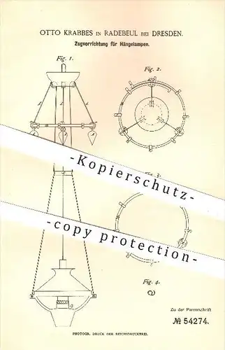 original Patent - O. Krabbes , Radebeul / Dresden , 1889 , Zugvorrichtung für Hängelampen , Lampe , Lampen , Beleuchtung