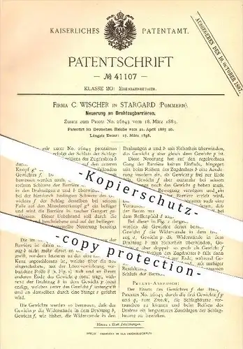 original Patent - C. Wischer in Stargard , Pommern , 1887 , Drahtzugbarrieren , Draht , Eisenbahn , Eisenbahnen !!!