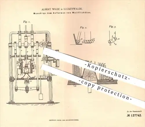 original Patent - Albert Wilde , Luckenwalde , 1901 , Anformen von Wollfilzhüten , Filz , Hut , Hüte , Filzhut , Modist