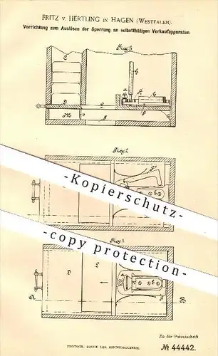 original Patent - Fritz v. Hertling , Hagen 1887 , Auslösen der Sperrung an Verkaufapparaten , Kasse , Kassen , Automat