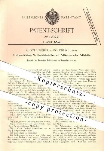 original Patent - R. Weber , Goldberg , Schlesien , 1899 , Einstellung an Raubtierfallen mit Fallkasten , Tierfallen !!!