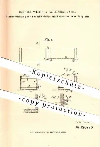 original Patent - R. Weber , Goldberg , Schlesien , 1899 , Einstellung an Raubtierfallen mit Fallkasten , Tierfallen !!!