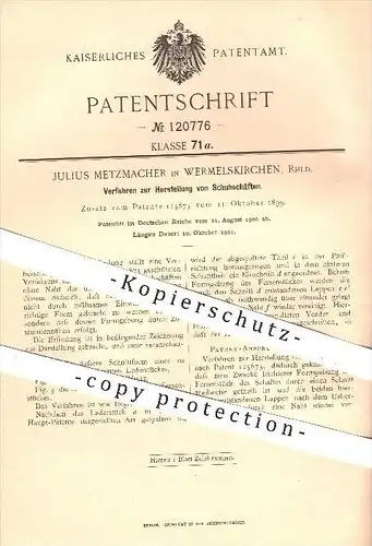 original Patent - J. Metzmacher , Wermelskirchen 1900 , Herstellung- Schuhschaft , Schuh , Schuhe , Schuhwerk , Schuster