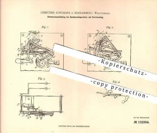 original Patent - Gebr. Junghans , Schramberg , 1898 , Rechenschlagwerk mit Viertelschlag ,  Uhr , Uhren , Uhrwerk !!