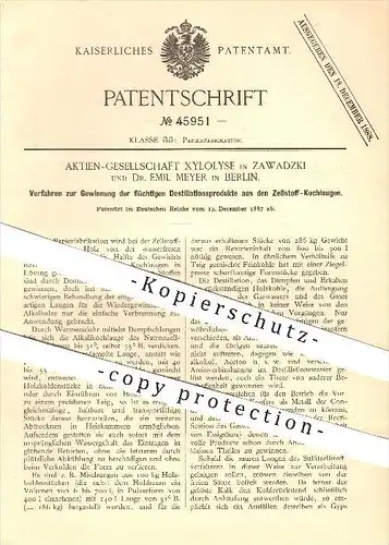 original Patent - AG Xylolyse / Zawadzki , Dr. E. Meyer / Berlin , 1887 , flüchtige Destillationsprodukte aus Laugen !!