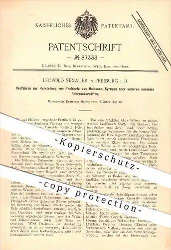 original Patent - Leopold Sexauer , Freiburg , 1895 , Herstellung von Presshefe aus Melassen , Syrupen , Zucker , Hefe !