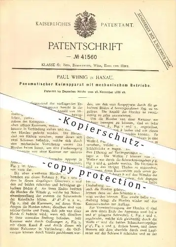 original Patent - Paul Weinig in Hanau , 1886 , Pneumatischer Keimapparat , Keimen , Keim , Bier , Brauerei , Malz !!!