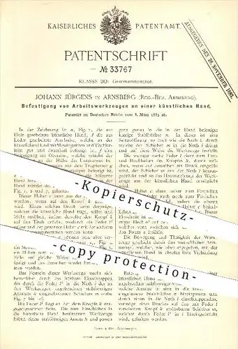 original Patent - Johann Jürgens , Arnsberg , 1885 , Arbeitswerkzeuge an künstlicher Hand , Prothesen , Prothese , Arm