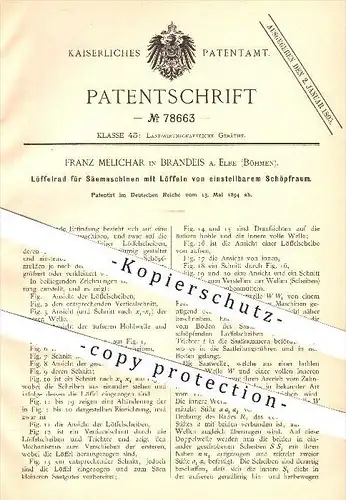 original Patent - F. Melichar , Brandies / Elbe , Böhmen 1894 , Löffelrad für Säemaschinen , Aussaat , Landwirt , Bauer