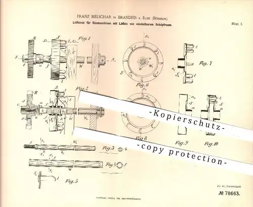 original Patent - F. Melichar , Brandies / Elbe , Böhmen 1894 , Löffelrad für Säemaschinen , Aussaat , Landwirt , Bauer