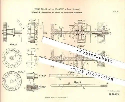 original Patent - F. Melichar , Brandies / Elbe , Böhmen 1894 , Löffelrad für Säemaschinen , Aussaat , Landwirt , Bauer