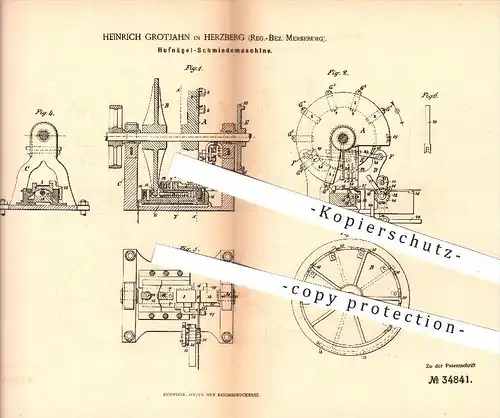 original Patent - H. Grotjahn , Herzberg , Merseburg , 1885 , Hufnägel - Schmiedemaschine , Schmied , Schmieden , Hufen